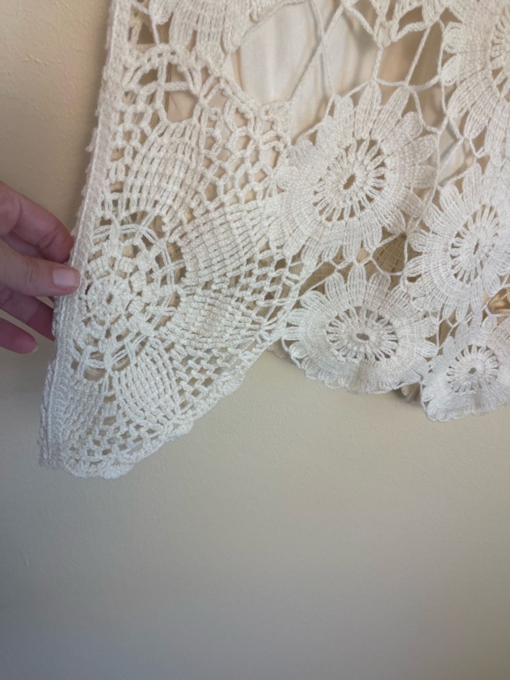 Boho Ivory Crochet Lace Shift Dress XL Lined Open Knit Coastal Wedding Guest - Picture 5 of 14